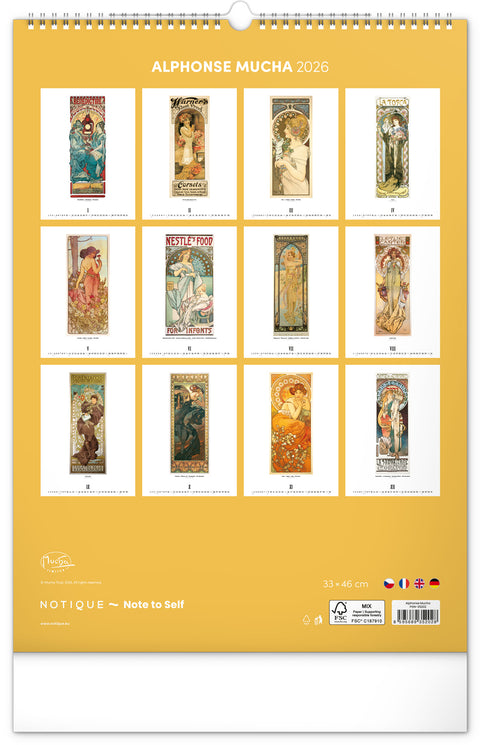 Wall calendar Alphonse Mucha 2026, 33 x 46 cm