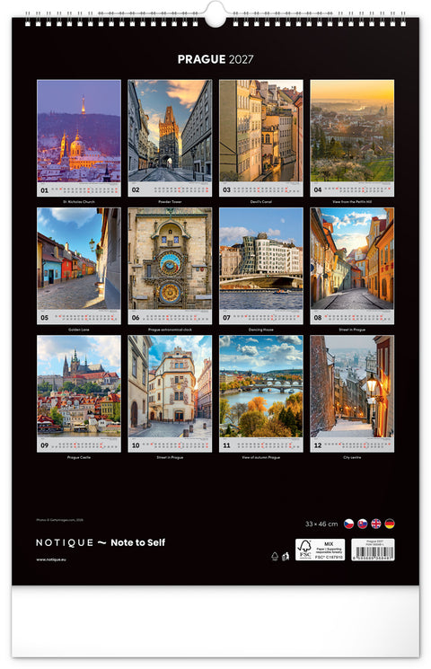 Wall calendar Prague 2027, 33 x 46 cm