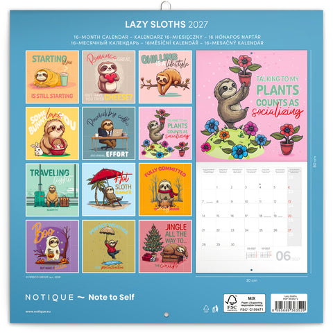 Grid calendar Lazy Sloths 2027, 30 x 30 cm